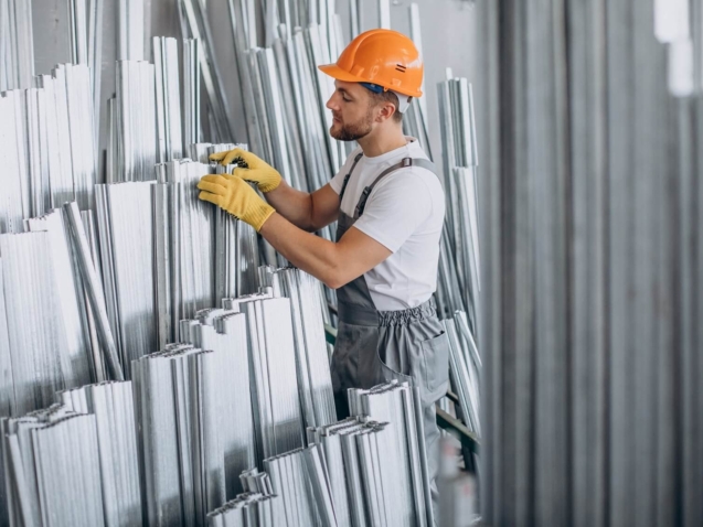 Pracownik w pomarańczowym kasku w magazynie