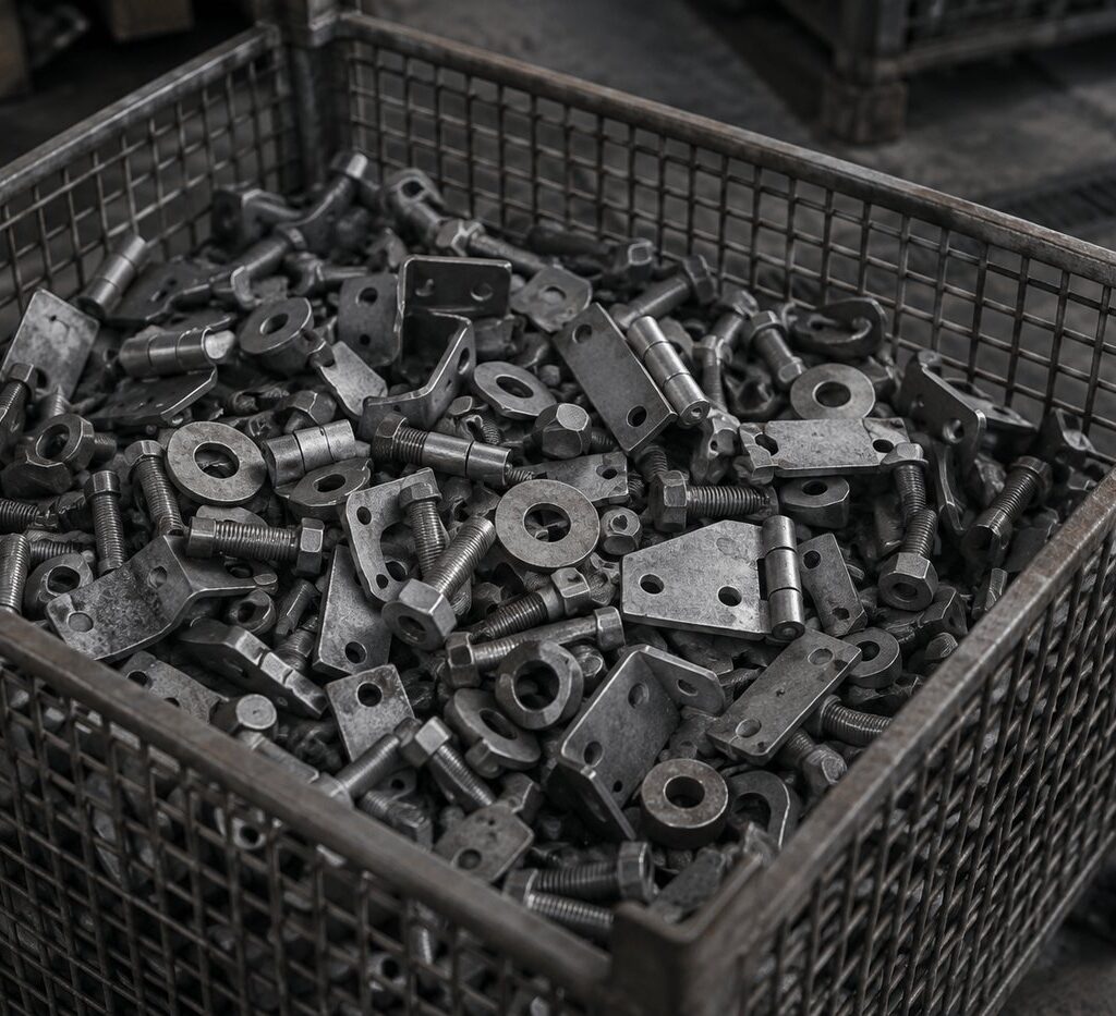 Metalowy koszyk technologiczny wypełniony drobnymi elementami przed cynkowaniem galwanicznym